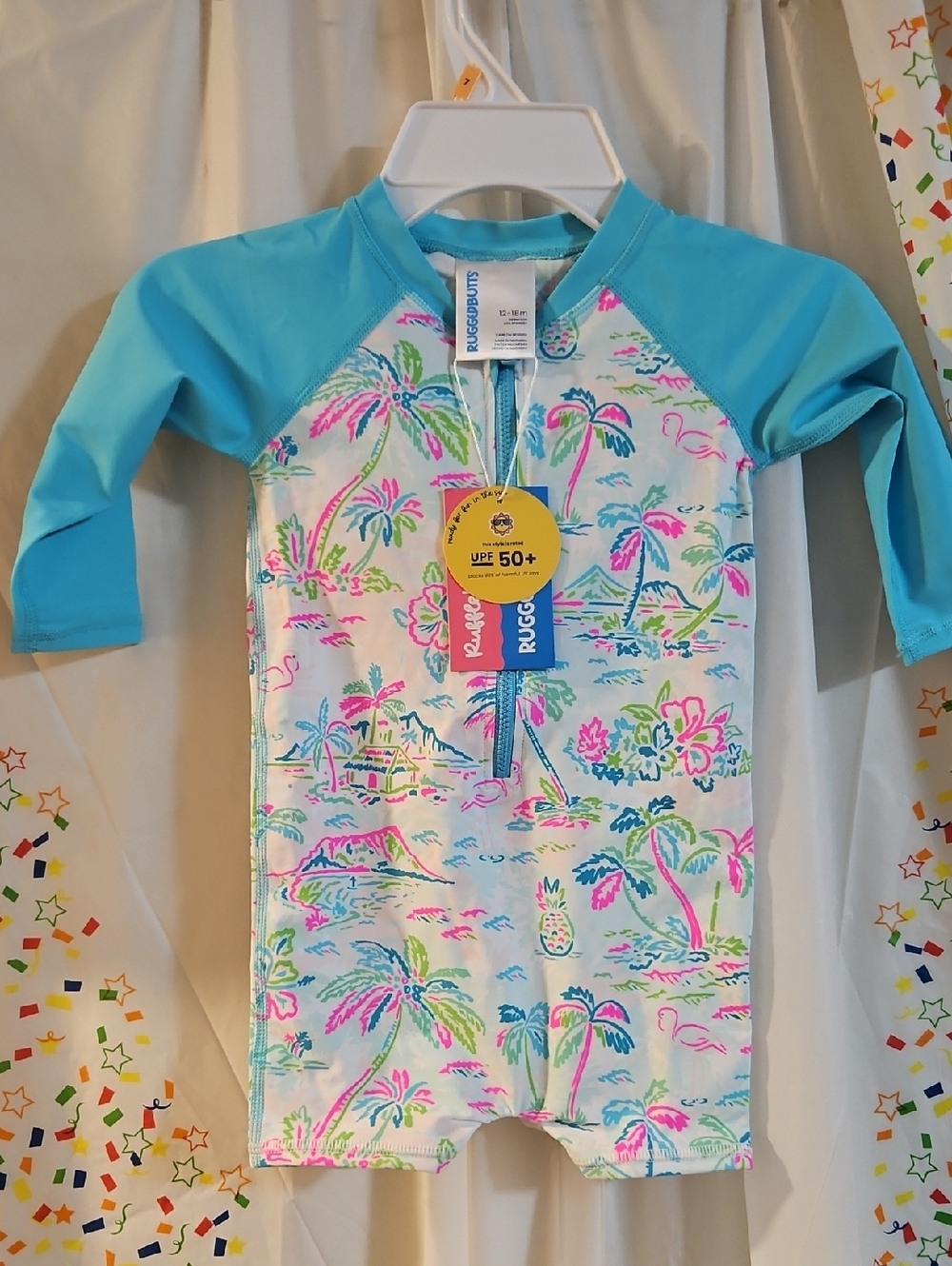 RUGGED BUTTS TROPICAL RESORT LONG SLEEVE ONE PIECE RASHGUARD SWIMSUIT: 12-18 MTH